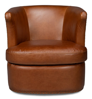 Sarreid Spencer Distilled Leather Swivel Chair With Antique Brass Nail Heads In Elegant Havana Brown Finish Brown  54056