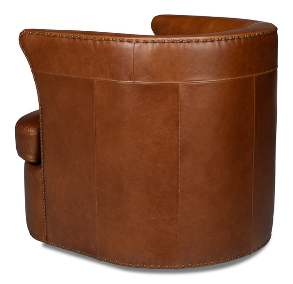 Sarreid Spencer Distilled Leather Swivel Chair With Antique Brass Nail Heads In Elegant Havana Brown Finish Brown  54056