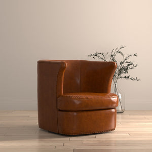 Sarreid Spencer Distilled Leather Swivel Chair With Antique Brass Nail Heads In Elegant Havana Brown Finish Brown  54056
