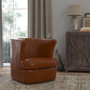 Sarreid Spencer Distilled Leather Swivel Chair With Antique Brass Nail Heads In Elegant Havana Brown Finish Brown  54056