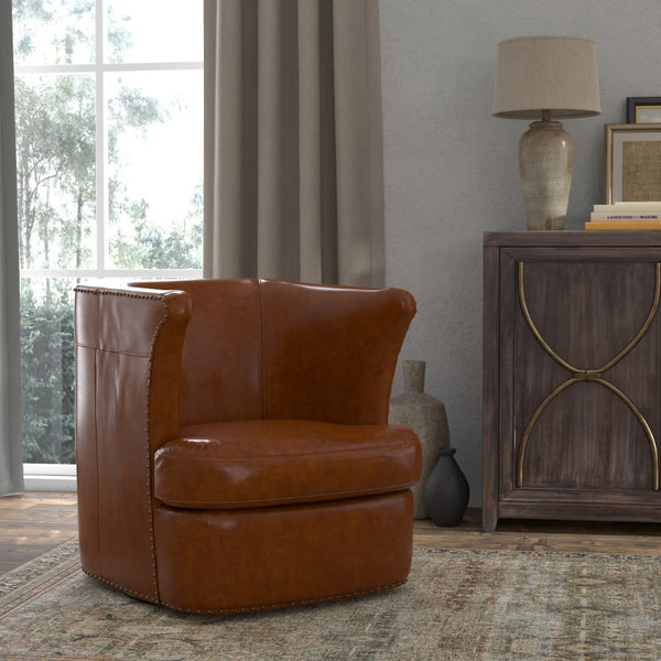 Sarreid Spencer Distilled Leather Swivel Chair With Antique Brass Nail Heads In Elegant Havana Brown Finish Brown  54056