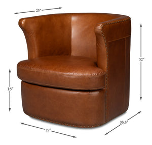 Sarreid Spencer Distilled Leather Swivel Chair With Antique Brass Nail Heads In Elegant Havana Brown Finish Brown  54056