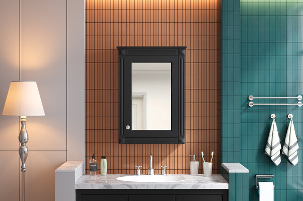 English Elm 20" Medicine Cabinet with Mirror — Space-Saving Wall-Mounted Bathroom Storage with Adjustable Shelf, Modern Carved Design Black N710P317680B