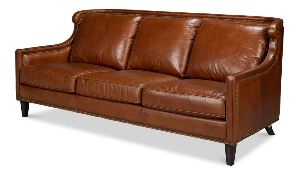 Sarreid Philipe Distilled Leather Sofa In Havana Brown With Antique Brass Nail Heads For Timeless Elegance Brown  54061