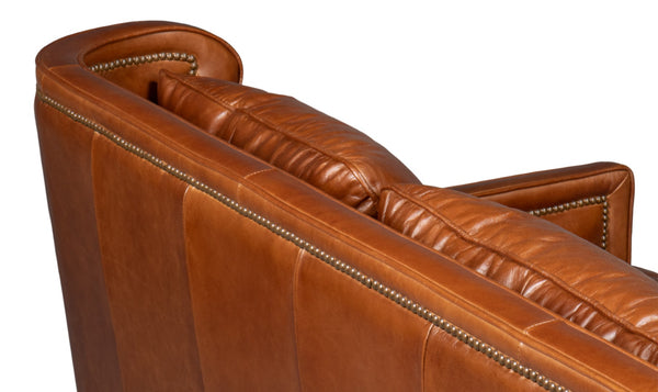 Sarreid Philipe Distilled Leather Sofa In Havana Brown With Antique Brass Nail Heads For Timeless Elegance Brown  54061