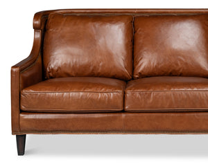 Sarreid Philipe Distilled Leather Sofa In Havana Brown With Antique Brass Nail Heads For Timeless Elegance Brown  54061