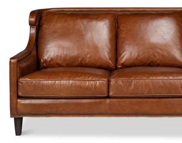 Sarreid Philipe Distilled Leather Sofa In Havana Brown With Antique Brass Nail Heads For Timeless Elegance Brown  54061