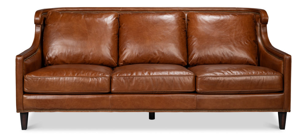 Sarreid Philipe Distilled Leather Sofa In Havana Brown With Antique Brass Nail Heads For Timeless Elegance Brown  54061