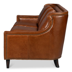 Sarreid Philipe Distilled Leather Sofa In Havana Brown With Antique Brass Nail Heads For Timeless Elegance Brown  54061