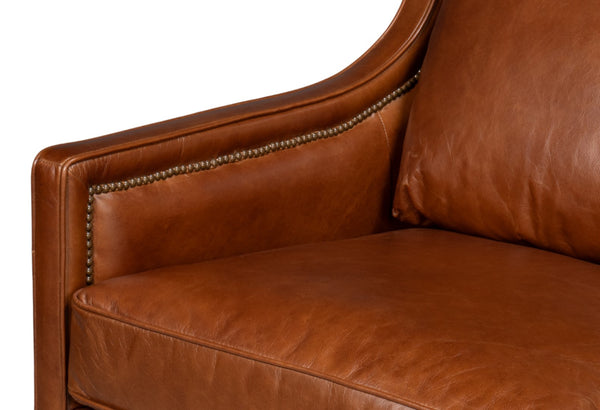 Sarreid Philipe Distilled Leather Sofa In Havana Brown With Antique Brass Nail Heads For Timeless Elegance Brown  54061