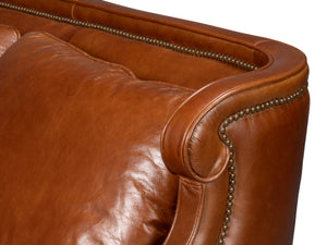 Sarreid Philipe Distilled Leather Sofa In Havana Brown With Antique Brass Nail Heads For Timeless Elegance Brown  54061