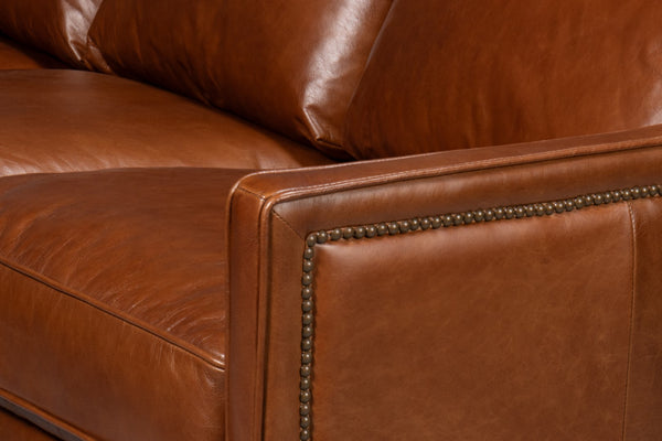 Sarreid Philipe Distilled Leather Sofa In Havana Brown With Antique Brass Nail Heads For Timeless Elegance Brown  54061