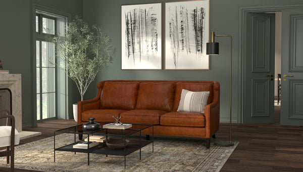 Sarreid Philipe Distilled Leather Sofa In Havana Brown With Antique Brass Nail Heads For Timeless Elegance Brown  54061