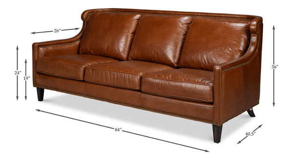 Sarreid Philipe Distilled Leather Sofa In Havana Brown With Antique Brass Nail Heads For Timeless Elegance Brown  54061