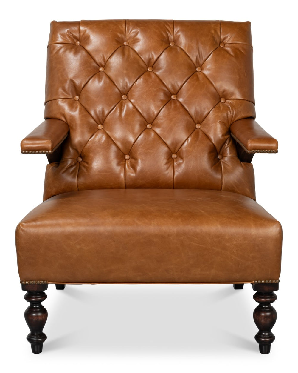 Sarreid Dawson Leather Chair Cuba In Brown - Antique Brass Nail Heads & Elegant Wood Frame Design Brown  54063