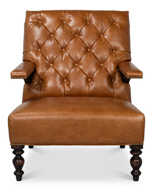 Sarreid Dawson Leather Chair Cuba In Brown - Antique Brass Nail Heads & Elegant Wood Frame Design Brown  54063