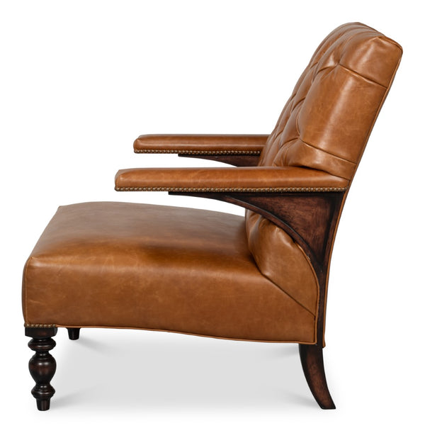 Sarreid Dawson Leather Chair Cuba In Brown - Antique Brass Nail Heads & Elegant Wood Frame Design Brown  54063