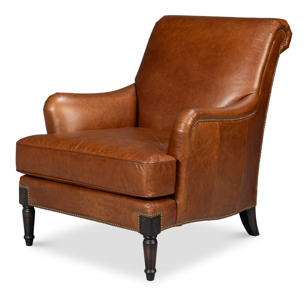 Sarreid Gaston Distilled Leather Chair In Rich Havana Brown With Antique Brass Nail Heads For Elegance Brown  54064