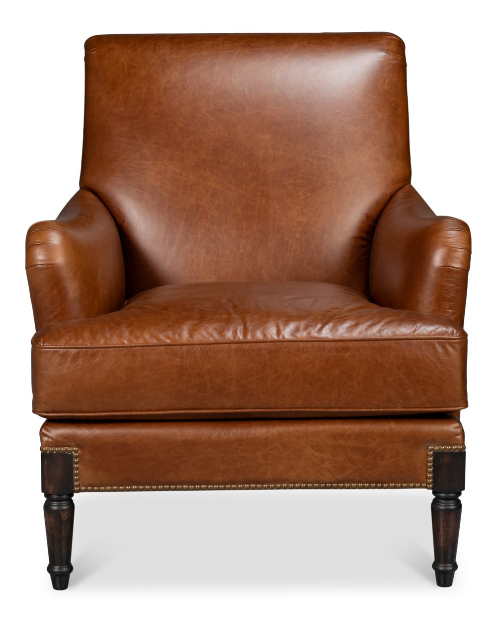 Sarreid Gaston Distilled Leather Chair In Rich Havana Brown With Antique Brass Nail Heads For Elegance Brown  54064