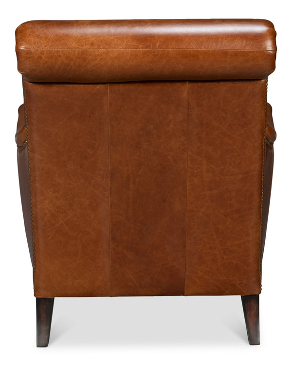Sarreid Gaston Distilled Leather Chair In Rich Havana Brown With Antique Brass Nail Heads For Elegance Brown  54064