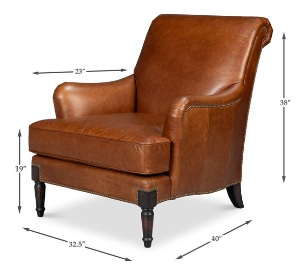 Sarreid Gaston Distilled Leather Chair In Rich Havana Brown With Antique Brass Nail Heads For Elegance Brown  54064
