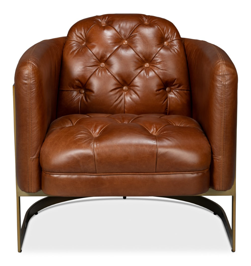 Sarreid Finn Leather Club Chair In Havana Brown - Elegant Design With Brushed Gold Stainless Steel Accents Brown  54065