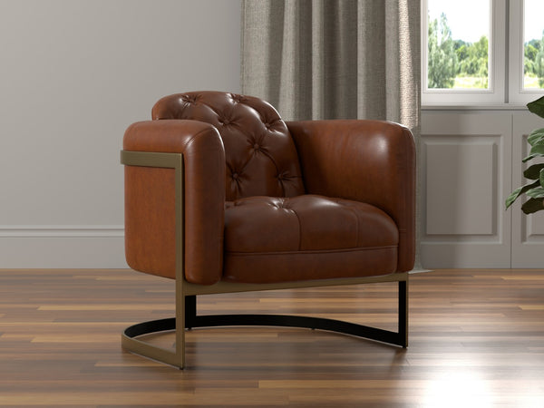 Sarreid Finn Leather Club Chair In Havana Brown - Elegant Design With Brushed Gold Stainless Steel Accents Brown  54065