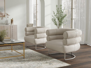 Sarreid Rondo White Leather Chair With Polished Stainless Steel Frame - Stylish & Modern Accent Furniture White  54066