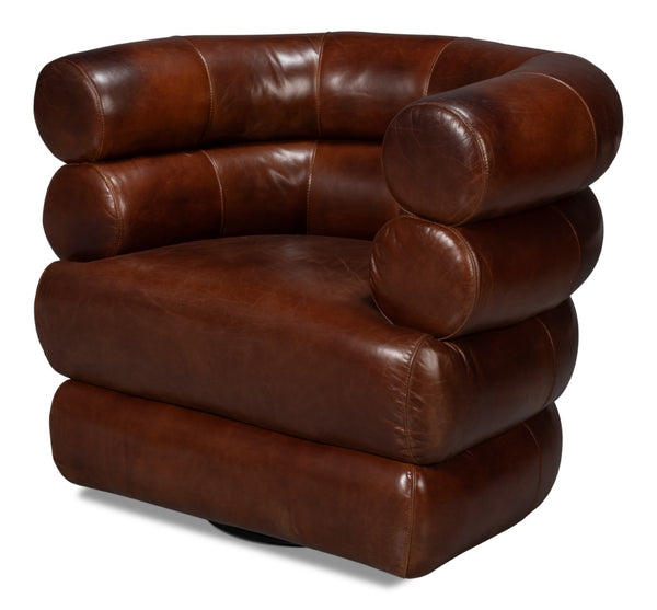 Sarreid Rondo Brown Leather Swivel Chair - Stylish Comfort & Modern Design For Your Living Space Needs Brown  54068