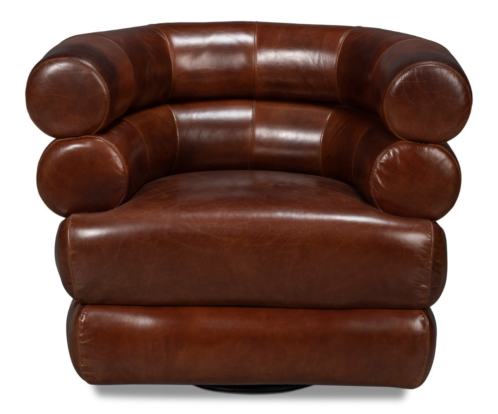 Sarreid Rondo Brown Leather Swivel Chair - Stylish Comfort & Modern Design For Your Living Space Needs Brown  54068