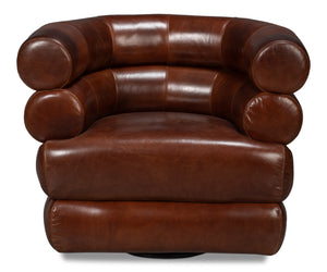 Sarreid Rondo Brown Leather Swivel Chair - Stylish Comfort & Modern Design For Your Living Space Needs Brown  54068