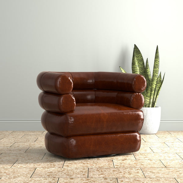 Sarreid Rondo Brown Leather Swivel Chair - Stylish Comfort & Modern Design For Your Living Space Needs Brown  54068