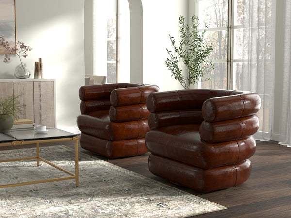 Sarreid Rondo Brown Leather Swivel Chair - Stylish Comfort & Modern Design For Your Living Space Needs Brown  54068