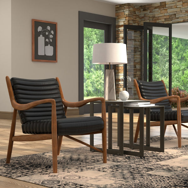 Sarreid Singletary Leather Chair - Luxurious Onyx Black Upholstery With Elegant Wood Accents For Comfort Black  54071
