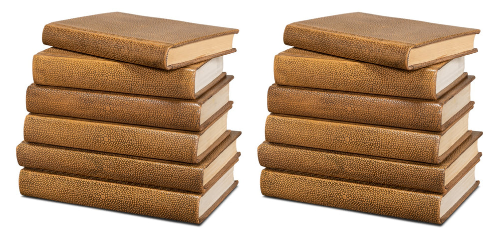 Sarreid Shagreen Books Set Of 12 - Elegant Tawny Brown Decorative Leatherbound Collection For Home Styling Brown  54077-5