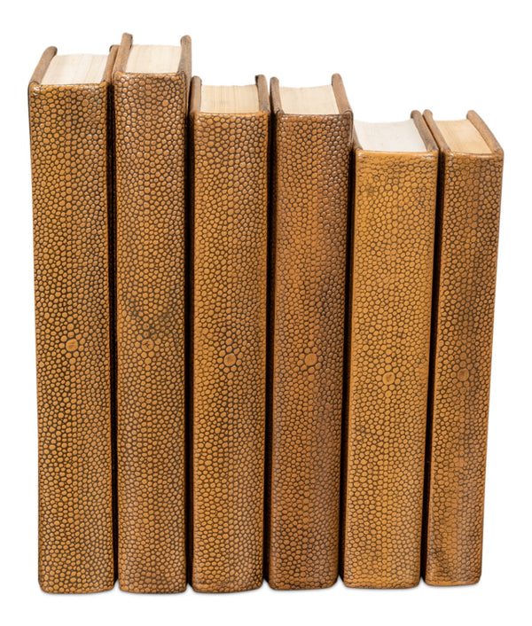 Sarreid Shagreen Books Set Of 12 - Elegant Tawny Brown Decorative Leatherbound Collection For Home Styling Brown  54077-5