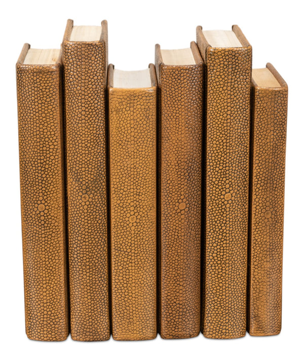 Sarreid Shagreen Books Set Of 12 - Elegant Tawny Brown Decorative Leatherbound Collection For Home Styling Brown  54077-5