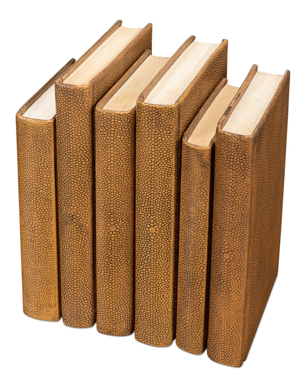Sarreid Shagreen Books Set Of 12 - Elegant Tawny Brown Decorative Leatherbound Collection For Home Styling Brown  54077-5