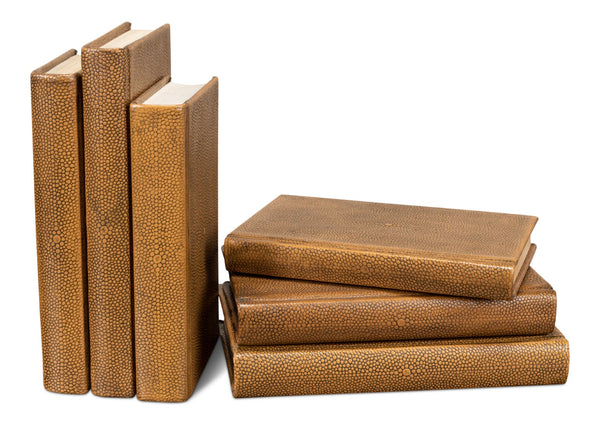 Sarreid Shagreen Books Set Of 12 - Elegant Tawny Brown Decorative Leatherbound Collection For Home Styling Brown  54077-5