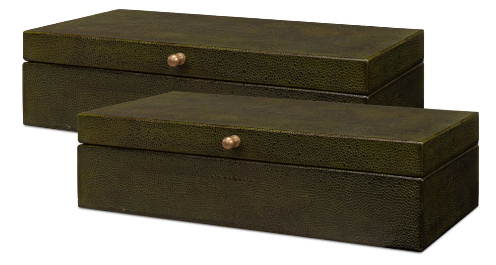 Sarreid Gatsburg Shagreen Box Set Of 2 - Elegant Leaf Design With Leather Finish & Paper Liner For Chic Decor Green  54078-3