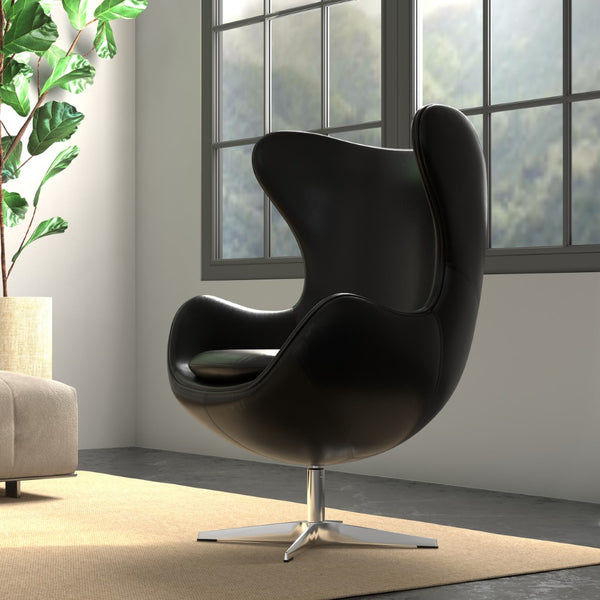 Sarreid Jacobean Egg Chair In Onyx Black Leather - Stylish Mid-century Design With Durable Metal Frame Black  54079