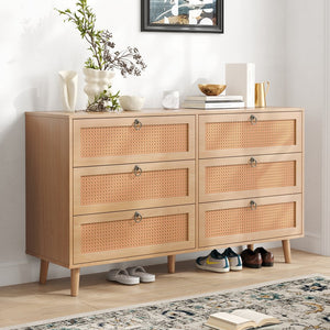 English Elm Rattan 6-Drawer Double Dresser with Handwoven PE Rattan Fronts, Wood Top, Copper Pulls, Spacious Storage Vintage T3623P411339