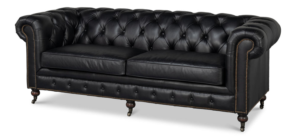Sarreid Castered Chesterfield Sofa In Onyx Black Leather With Stylish Wood Legs And Convenient Casters Black  54080
