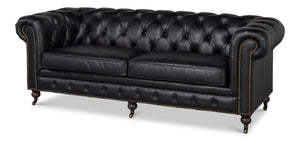 Sarreid Castered Chesterfield Sofa In Onyx Black Leather With Stylish Wood Legs And Convenient Casters Black  54080