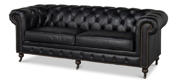 Sarreid Castered Chesterfield Sofa In Onyx Black Leather With Stylish Wood Legs And Convenient Casters Black  54080