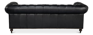 Sarreid Castered Chesterfield Sofa In Onyx Black Leather With Stylish Wood Legs And Convenient Casters Black  54080