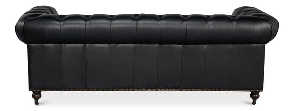 Sarreid Castered Chesterfield Sofa In Onyx Black Leather With Stylish Wood Legs And Convenient Casters Black  54080