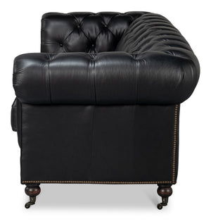Sarreid Castered Chesterfield Sofa In Onyx Black Leather With Stylish Wood Legs And Convenient Casters Black  54080