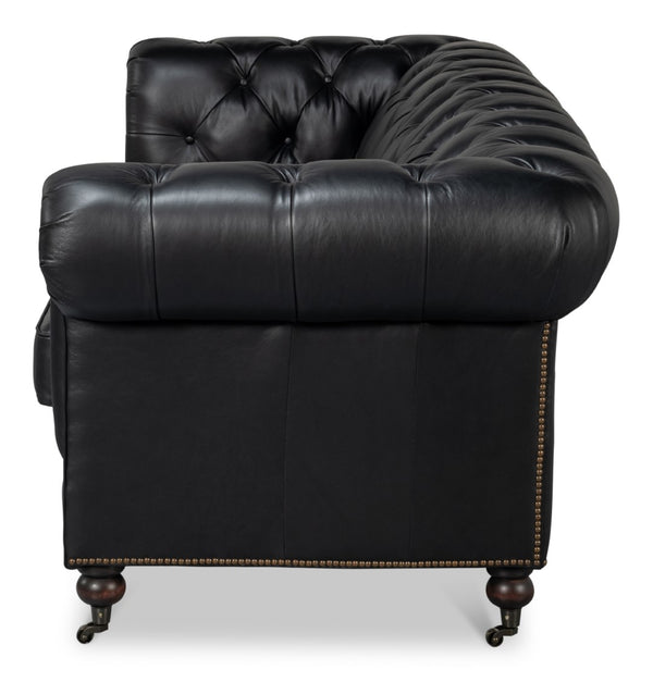 Sarreid Castered Chesterfield Sofa In Onyx Black Leather With Stylish Wood Legs And Convenient Casters Black  54080