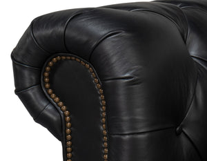 Sarreid Castered Chesterfield Sofa In Onyx Black Leather With Stylish Wood Legs And Convenient Casters Black  54080